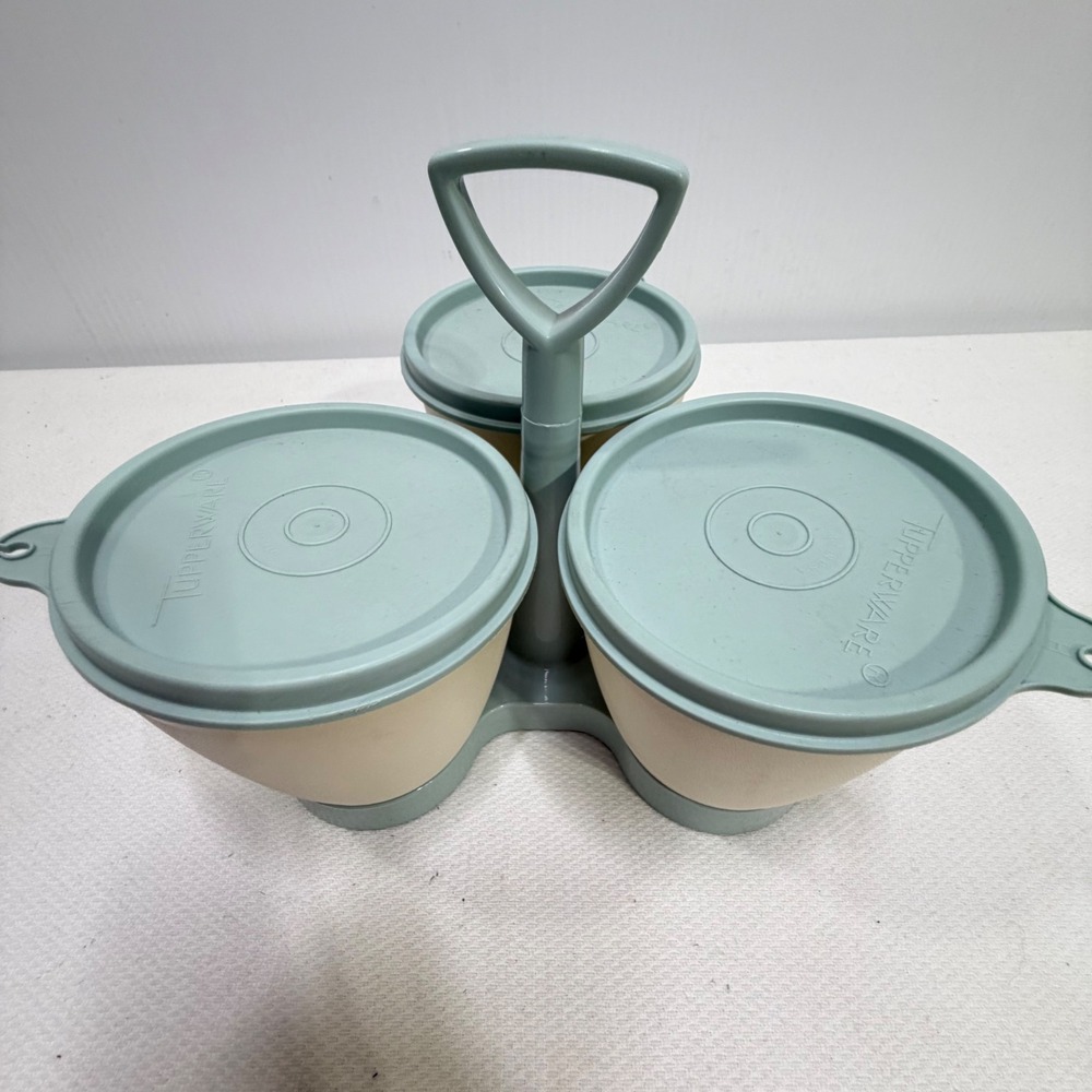 Vintage Tupperware Condiment Caddy 3 Bowl Server Bluish Green Cream 757 758